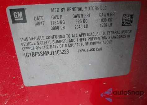 2018 Chevrolet Cruze Premier Auto z USA, uszkodzony, nr VIN 1G1BF5SMXJ7103223